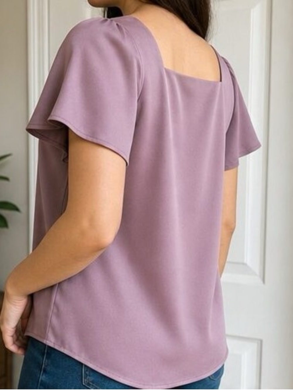 Women's Square Neck Flutter Sleeve Blouse - Mauve - Picture 3 of 6